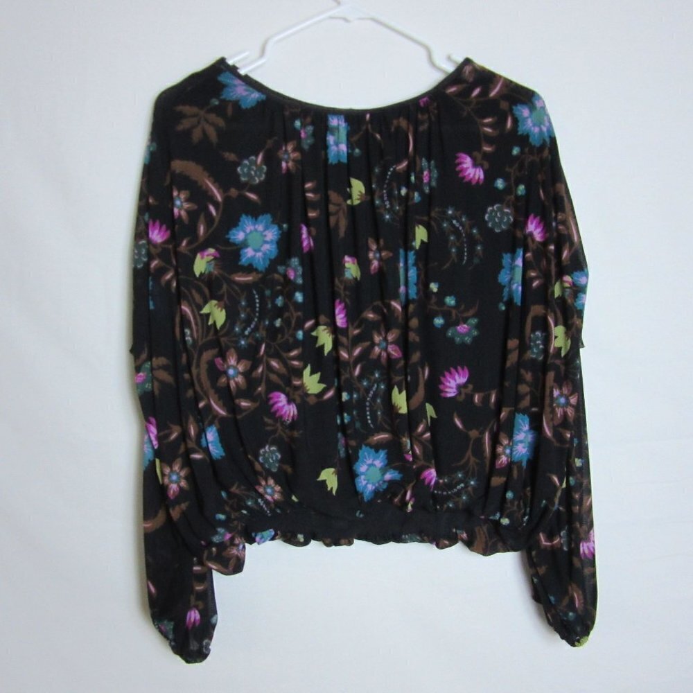 Free People Shirt Black Floral Mesh Flowy Blouse Ruffle Fairy Whimsy Women's XS